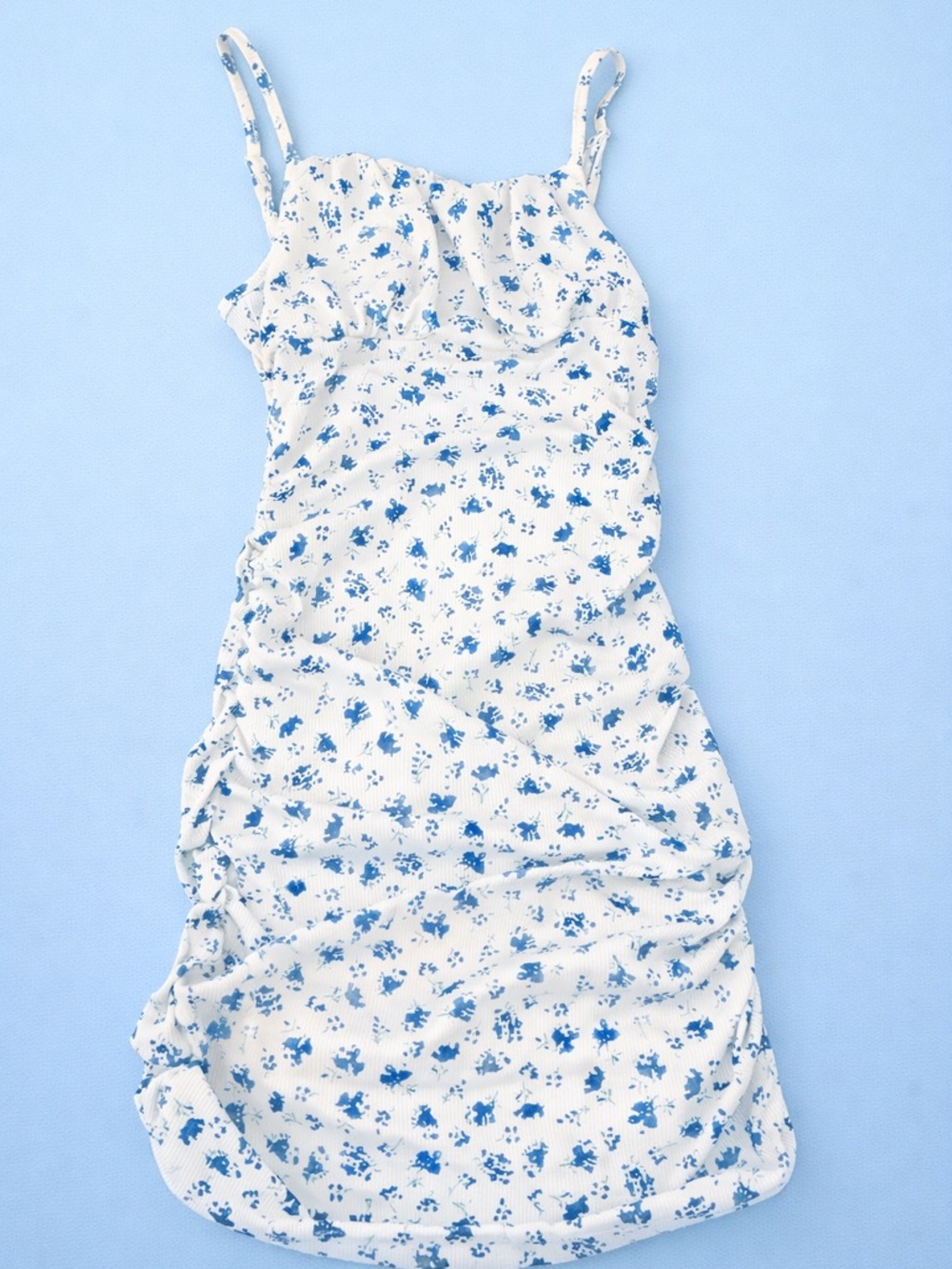 White Floral Spaghetti Strap Dress with Blue Print